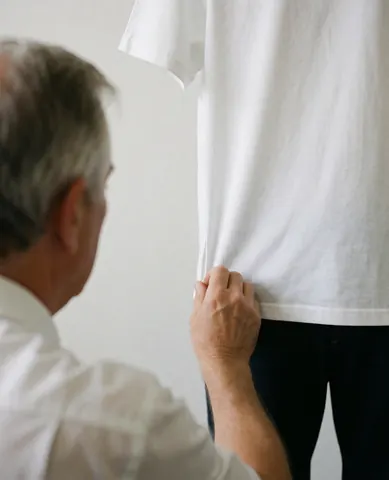 Textile inspector reviewing the seam of a white t-shirt in a workshop setting for quality control services
