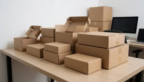 Stacked cardboard boxes on a wooden desk in a shipping office with a computer, prepared for package delivery