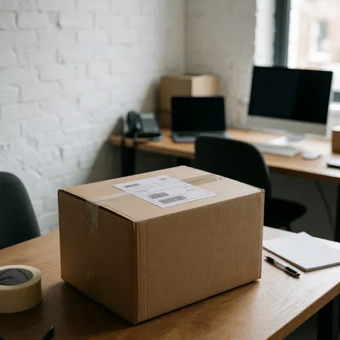 Sealed cardboard shipping box with a label and tape on a wooden desk in an office with a white brick wall