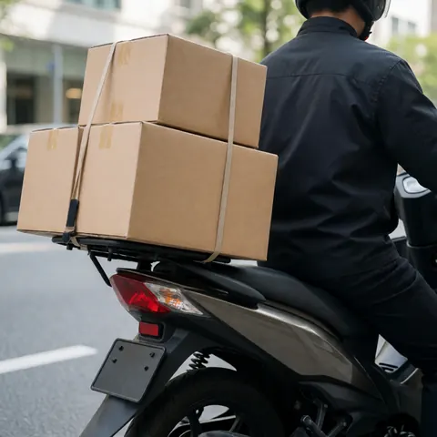 Courier on a scooter carrying cardboard boxes for urban delivery