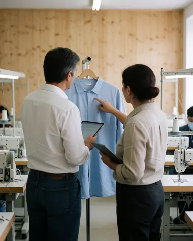 Two professionals inspect a blue shirt hanging in a sewing factory with visible sewing machines and light wood walls.