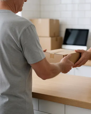 A satisfied customer hands a box to an employee at a shipping office counter with wood and a computer