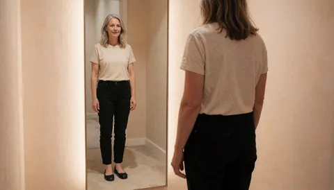 A woman tries on black flat shoes in front of a mirror inside a shoe store with beige walls and warm lighting.