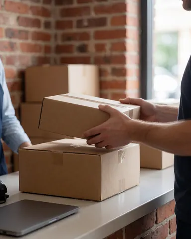 A customer holds a cardboard box at a service counter with a brick wall background and natural light, illustrating shipping and logistics services.