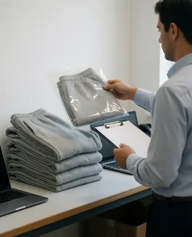 A customer checks folded gray trousers on a quality inspection table in a garment factory.