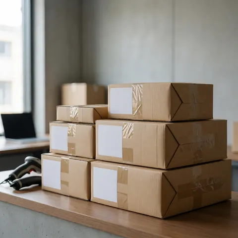 A pile of cardboard boxes with white labels and tape, with a barcode scanner on a wooden desk in an office with concrete walls.