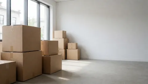 Stacked cardboard boxes in a shipping office with white walls and natural light from large windows
