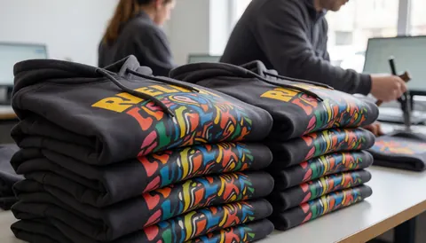 Black hoodies with colorful graphic prints stacked on a work table with a person using a tool in the background