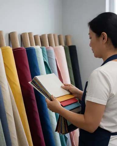 A satisfied client inspects a fabric sample book while standing near colorful rolls of material against a light gray wall in a textile manufacturing facility.