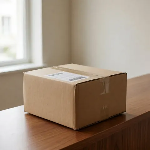 Cardboard shipping box with label on wooden table, ideal for courier and logistics services