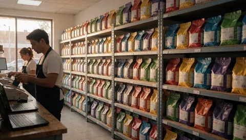 Staff member working at the checkout counter in a pet supply store with shelves stocked with pet food.