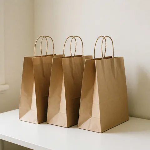 Three empty kraft paper bags with rope handles placed on a white table, suitable for delivery or logistics product photography.
