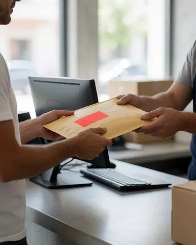 Client receiving a package with a red label at a courier office counter with hands and computer visible
