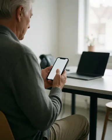 A satisfied client checks a price quote on a smartphone while seated at a desk in a bright, modern office with a laptop nearby.