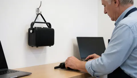 A black portable radio hangs on a white wall while a person works at a counter with a laptop in a modern office setting.