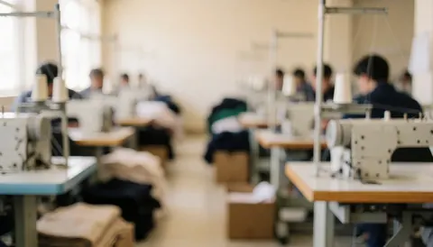 Out of focus textile manufacturing background featuring sewing machines and piles of fabric, suitable for commercial text overlays.