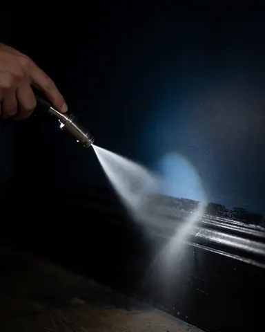 Close-up of insecticide fogging applied to a dark baseboard using a flashlight for interior pest control