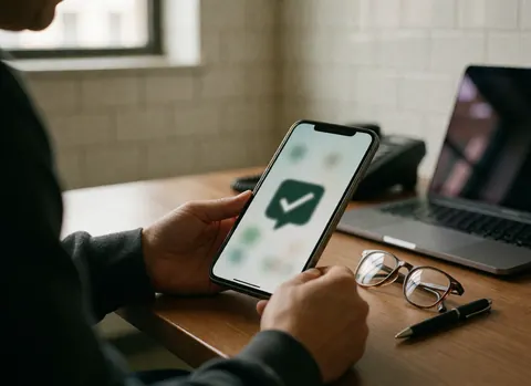 Close-up of hands verifying a checkmark on a smartphone screen over a wooden desk in a modern office setting for courier services