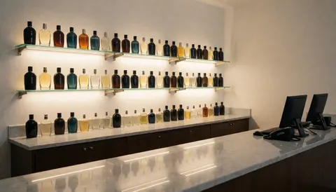 Illuminated perfume shelving units and marble countertops designed for a retail store entrance display area