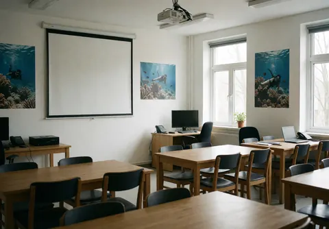A diving classroom featuring wooden tables, chairs, a projector, and diving posters on the walls, ready for classes.
