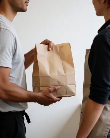 Customer receiving a food bag at a pizzeria with a clean white wall and a salesperson wearing an apron.