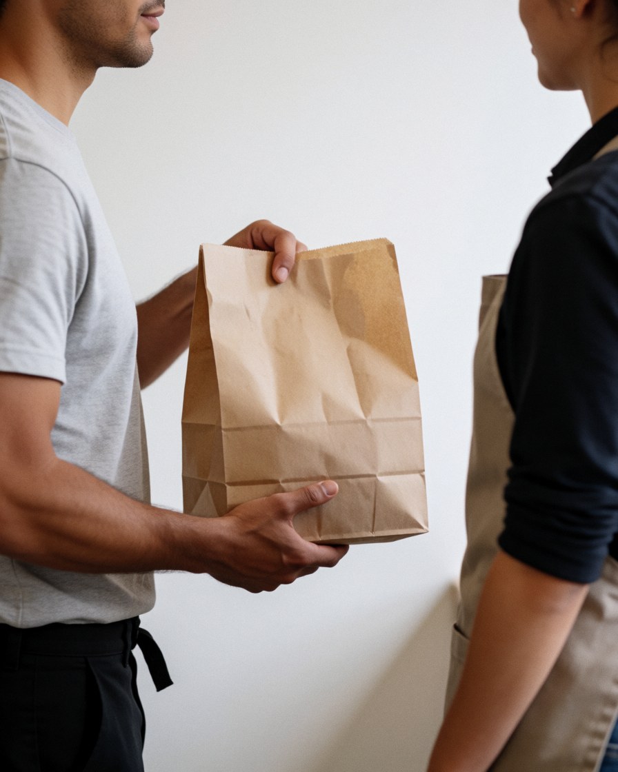 Customer receiving a food bag at a pizzeria with a clean white wall and a salesperson wearing an apron.