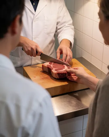 A butcher in a white uniform cuts raw meat on a wooden board while a customer receives the meat in a tiled butcher shop.