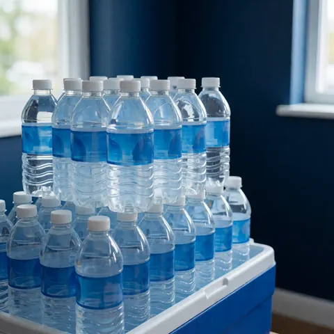 Fresh bottled water bottles inside a blue cooling box with blue walls and natural light, suitable for bottled water business.