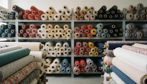 Rows of colorful fabric rolls stored on shelves in a textile warehouse, serving as a vibrant background for business text