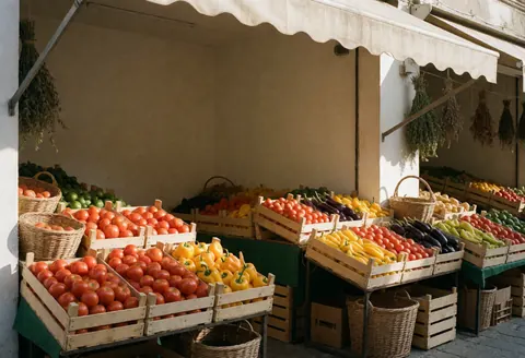 Wooden crates filled with fresh tomatoes, peppers, and eggplants under a canopy with hanging dried herbs