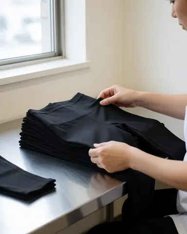 Worker inspecting black athletic leggings on stainless steel table near window with natural light in textile workshop