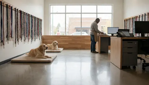 Two golden dogs rest on blankets on a polished floor while an employee works at a counter near large windows with collars hanging on the wall.