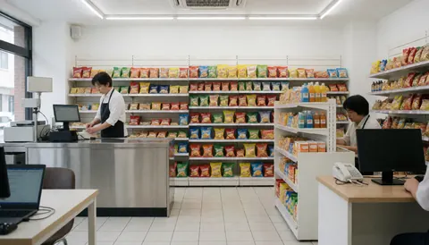 Cashier attending to the register with shelves of chips, white floor, clean and modern gas station interior.