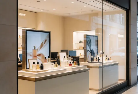 Perfume display case with products on white counters, interior lighting, and beige walls for perfume stores