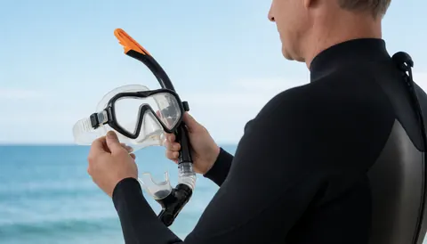 An adult in a wetsuit holds a diving mask and snorkel in front of the ocean, preparing to dive.