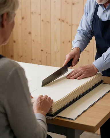 A fabric cutter assists a client in a textile workshop with wooden walls and thick fabric.
