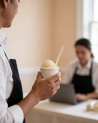 A customer receives a cup of ice cream at a shop, with beige walls and a server wearing an apron in the background.