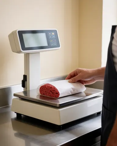 A butcher adjusts ground meat on a digital scale on a stainless steel counter in a butcher shop.