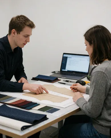 Two professionals review fabric patterns on a table with samples and a laptop in a textile design studio
