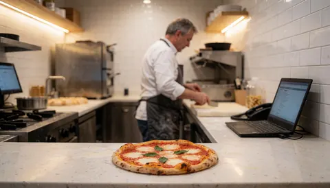 Close-up of a freshly made Margherita pizza on a counter with a chef preparing food in the background featuring white tiles and warm lighting.