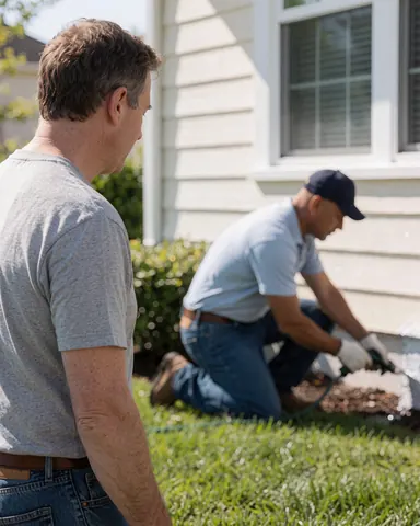 Technician applying pest control treatment to a house foundation while a client observes the service in a well-maintained garden