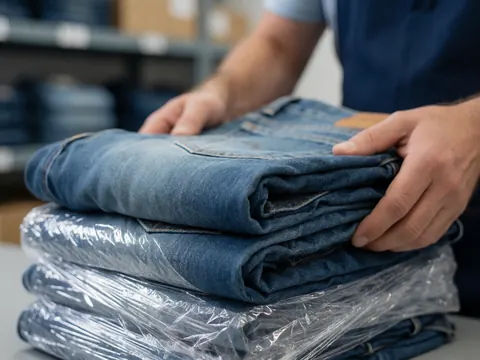 Hands preparing finished jeans wrapped in clear plastic for storage in a garment factory warehouse