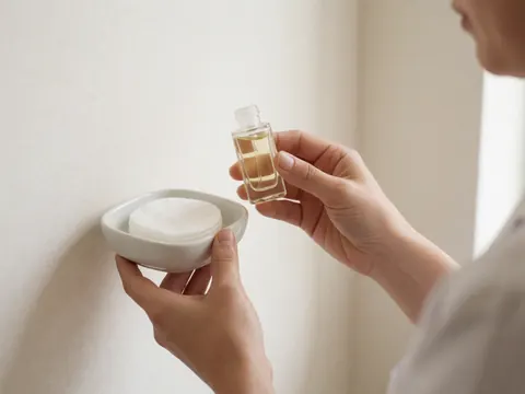 Hands holding a facial oil bottle next to cotton swabs in a white ceramic container, highlighting skincare details in a warm, softly lit setting.