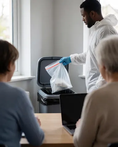 Technician in protective gear discarding a sealed waste bag into a trash bin while two clients watch from a table with a laptop.