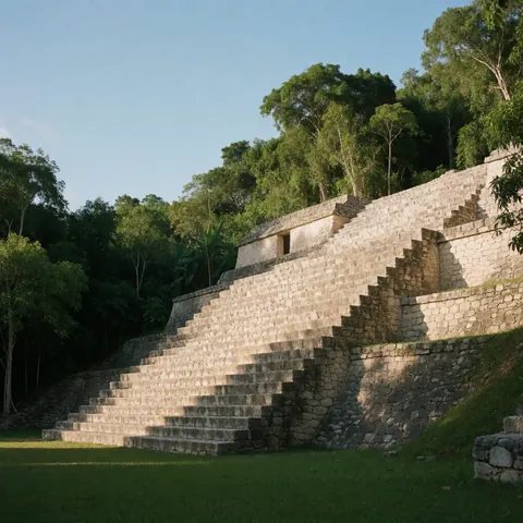 Ancient Mayan pyramid with stone steps surrounded by lush green jungle under a blue sky with sunset light, ideal for tourism and travel themes