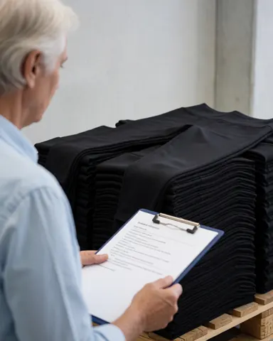 A customer inspects a stack of black leggings on a wooden pallet inside a textile factory with concrete walls.