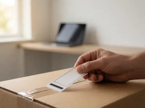 Close-up of a hand placing a shipping label on a cardboard box with a laptop visible in the background