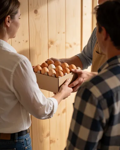 A seller hands a carton of eggs to a customer inside a home with wooden walls, capturing a clear and natural delivery moment.