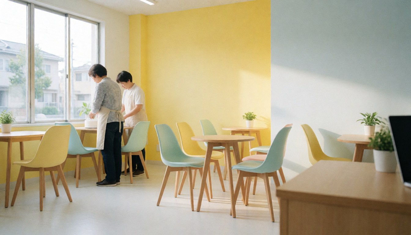 Cozy ice cream shop interior featuring wooden tables, pastel chairs, yellow walls, and natural light from a window.