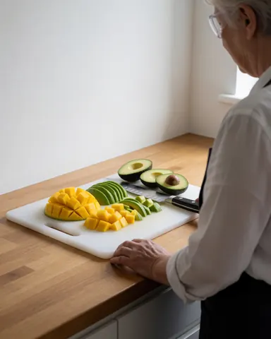 Hands slicing ripe mango and avocado on a white cutting board in a bright fruit and vegetable store with natural light.
